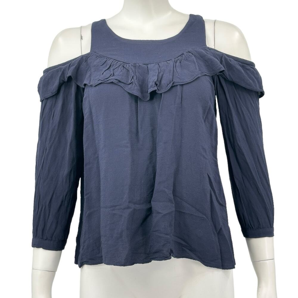 Maeve Anthropologie Top Womens 4 Brearly Cold‎ Shoulder Navy 3/4 Sleeves Ruffles